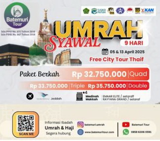 Umroh  Syawal , Paket Berkah ,  Free Thaif, Btt – Duta Sahara, 9 hari, Keberangkatan 5 dan 13 April 2025